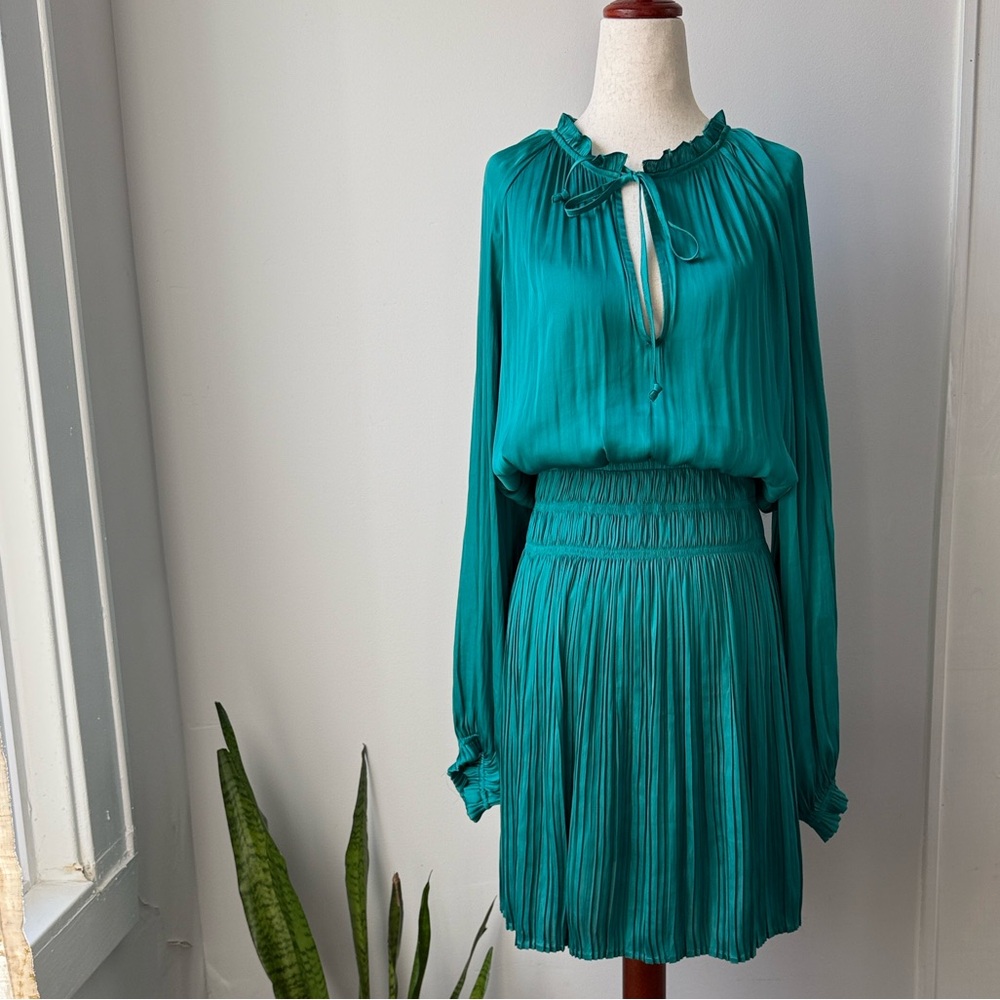 Current Air Teal Long Sleeve Dress Large Romantic Fine Pleated Feminine Ruffle